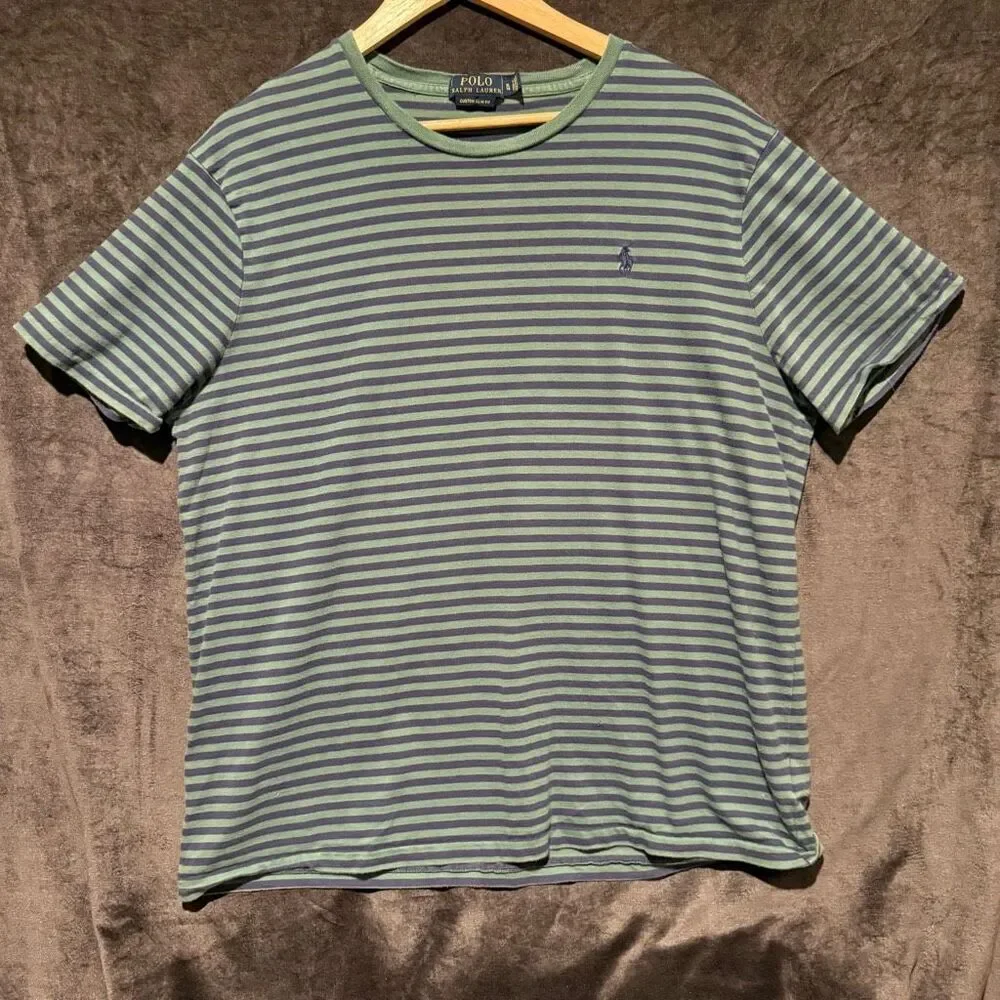 Polo Ralph Lauren Striped Tee Green Navy‎ Custom Slim Fit Mens XL Grunge Nirvana